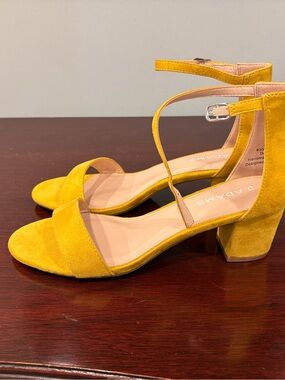 Adams Mustard Suede Block Heel Sandals with Ankle Strap